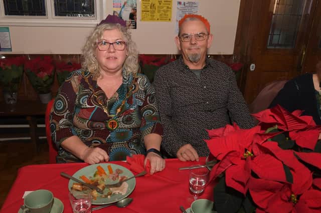Mayor of Wainfleet Coun Deborah Wickes with her husband Paul at the Big Christmas Feast at Wainfleet Methodist Church.
