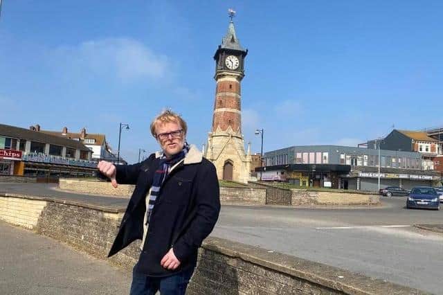 John Byford launching a campaign agained signage at the Clock Tower in Skegness.