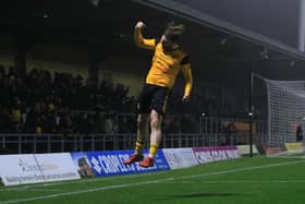 Jordan Preston celebrates his goal against Kidderminster. Photo: Oliver Atkin