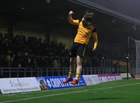 Jordan Preston celebrates his goal against Kidderminster. Photo: Oliver Atkin