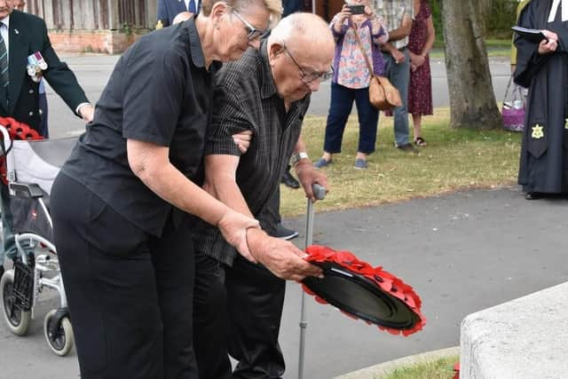 Burma Star veteran Fred Conway, 96, lays a wreath at the memorial in Skegness on VJ Day.