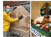 Dmitry and Natalia Buravlev at work on the new town signs for Boston.