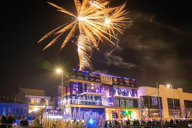 Fireworks over the Hive in Skegness.