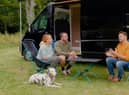 Jimmy Doherty with couple Carl and Katie beside their camper. Photo: Discovery Plus EMN-221101-091715001