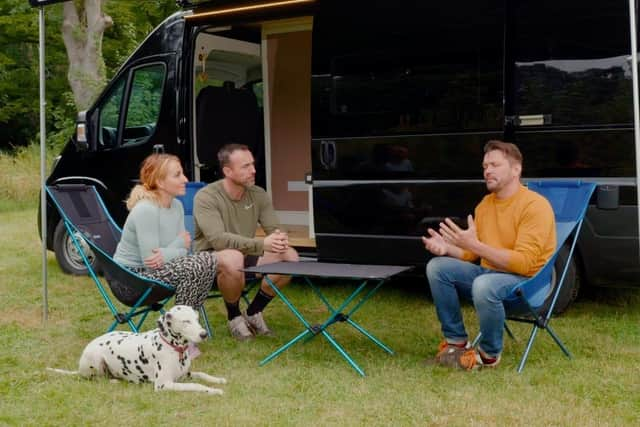 TV presenter Jimmy Doherty with Carl and Katie at Revesby Estate. Picture: Discovery Plus