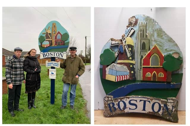 Pictured with Mike Gilbert, far right, is Dmitry and Natalia Buravlev alongside the new sign on Sleaford Road.