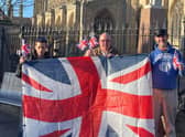 Members of the voluntary group ACE - Chris Skinner, David Wheeler and Mike Gilbert get into the jubilee spirit in Boston's Market Place. Image supplied.