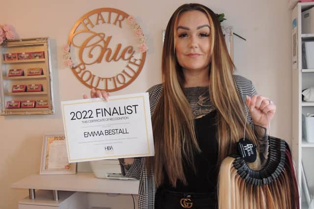 Hair and beauty salon owner Emma Bestall pictured with the tools of her trade and confirmation she is a shortlisted finalist in the Hair and Beauty Awards. EMN-220121-163213001