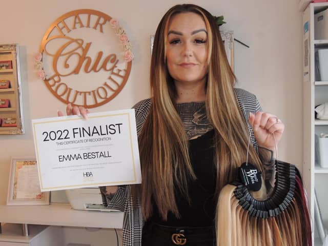 Hair and beauty salon owner Emma Bestall pictured with the tools of her trade and confirmation she is a shortlisted finalist in the Hair and Beauty Awards. EMN-220121-163213001