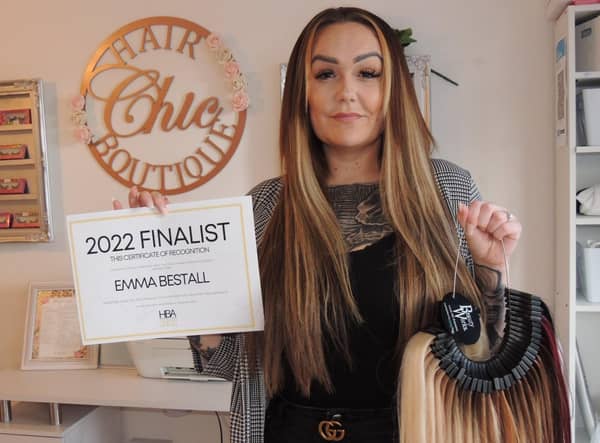 Hair and beauty salon owner Emma Bestall pictured with the tools of her trade and confirmation she is a shortlisted finalist in the Hair and Beauty Awards. EMN-220121-163213001
