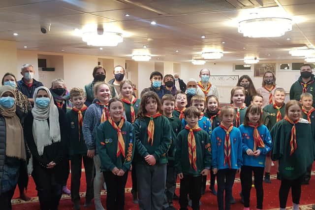 Horbling and Billingborough Cub Scouts and Beavers were the first educational group to visit the newly completed Sleaford Mosque on Wednesday evening. children are pictured with leaders, volunteers and members of the Sleaford Islamic Centre committee. Photo: N. Aziz EMN-220120-143825001