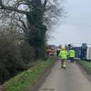 The overturned lorry in Back Lane, Deeping St James. Photo: Andy Stephens.