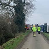 The overturned lorry in Back Lane, Deeping St James. Photo: Andy Stephens.