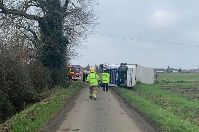 The overturned lorry in Back Lane, Deeping St James. Photo: Andy Stephens.