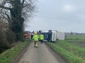 The overturned lorry in Back Lane, Deeping St James. Photo: Andy Stephens.