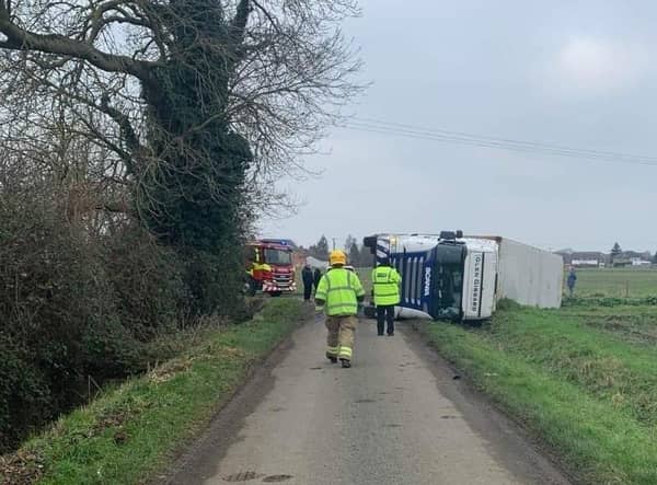 The overturned lorry in Back Lane, Deeping St James. Photo: Andy Stephens.