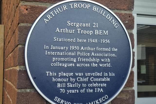 A plaque outside the new Lincolnshire Police training centre in Skegness celebrating the 70th anniversary of The International Police Association and its association with founder Arthur Troop, who served as a sergeant in Skegness from 1948 - 1956. The new centre is named after him.