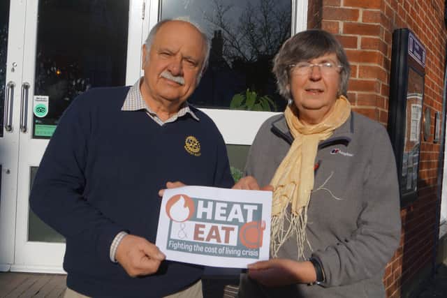 Rtn Neil Taylor and Rhona Sheppard, food bank co-ordinator at Market Rasen New Life Church EMN-220131-132602001