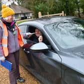 Volunteer Sue Cushen welcomes Richard Hardesty of Louth to Gunby Hall.