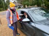 Volunteer Sue Cushen welcomes Richard Hardesty of Louth to Gunby Hall.