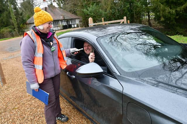 Volunteer Sue Cushen welcomes Richard Hardesty of Louth to Gunby Hall.
