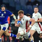 Ollie Chessum runs with the ball during the Guinness Six Nations match between Italy and England at the Stadio Olimpico. (Photo by David Rogers/Getty Images)