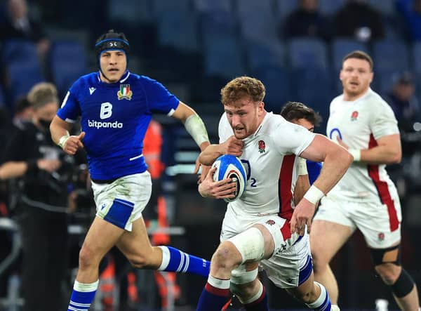 Ollie Chessum runs with the ball during the Guinness Six Nations match between Italy and England at the Stadio Olimpico. (Photo by David Rogers/Getty Images)