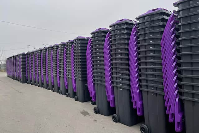 The purple-lidded bins are ready to be delivered to households over the coming weeks