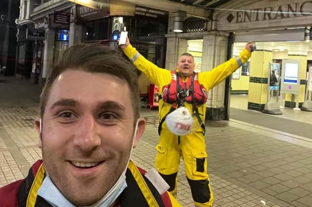 Brad Johnson and Nick Walton after visiting 205 tube stations across London in 17 hours as part of their '200' challenge.