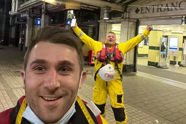 Brad Johnson and Nick Walton after visiting  205 tube stations across London in 17 hours as part of their '200' challenge.