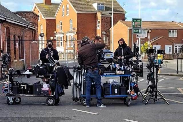 The film crew outside Skegness railway station. Photo: Barry Robinson.