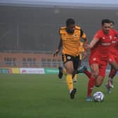 Keenan Ferguson bursts forward during United's 4-1 win over Kidderminster in the FA Trophy. Photo: Oliver Atkin