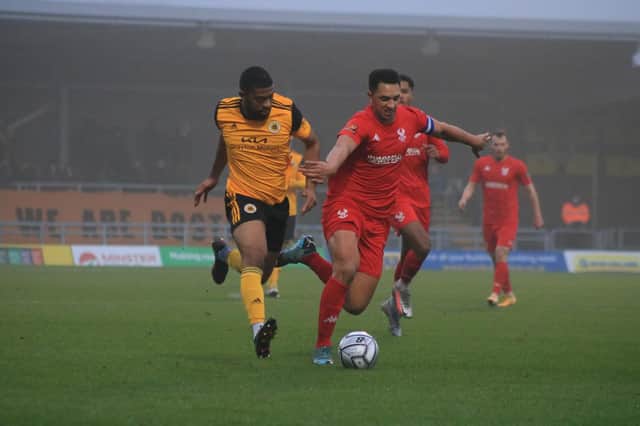 Keenan Ferguson bursts forward during United's 4-1 win over Kidderminster in the FA Trophy. Photo: Oliver Atkin