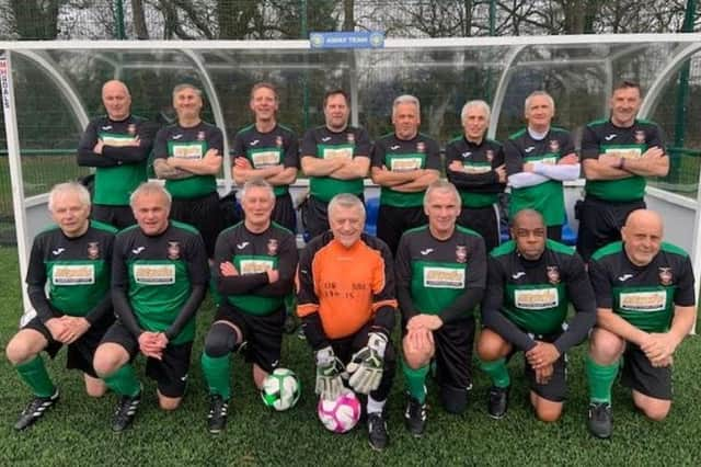 Pictured are the Lincolnshire over 60 team who recently lost 2-1 to England. Goalkeeper Sykes is seen with fellow Three Lions Roy Gladwell (back row, seventh from left), Steve Slater (back row, eighth from left), Tony Drinkell (front row, third from left) and John Daly (front row, fifth from left).