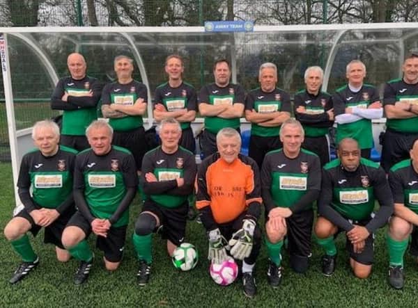 Pictured are the Lincolnshire over 60 team who recently lost 2-1 to England. Goalkeeper Sykes is seen with fellow Three Lions Roy Gladwell (back row, seventh from left), Steve Slater (back row, eighth from left), Tony Drinkell (front row, third from left) and John Daly (front row, fifth from left).