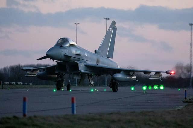 Typhoon fast jets from RAF Coningsby in Lincolnshire have taken to the skies as part of NATO's mission to defend Europe. Image: UK MOD