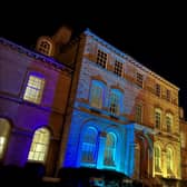 Sleaford council offices lit up in the colours of the Ukrainian flag.
