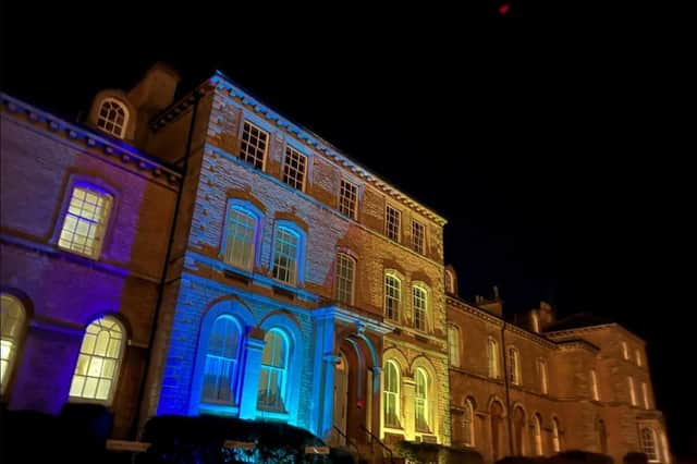 Sleaford council offices lit up in the colours of the Ukrainian flag.