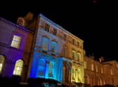 Sleaford council offices lit up in the colours of the Ukrainian flag.