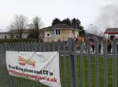 There are extension plans for the office block on Heckington Industrial Estate, pictured centre, so it can be occupied by a subsidiary of Melbourne Holdings, while the parent company wants to relocate to a new head office in Sleaford. This image was taken during the fire which destroyed the neighbouring Nut Roasting Company factory in March 2021. Photo: David Dawson
