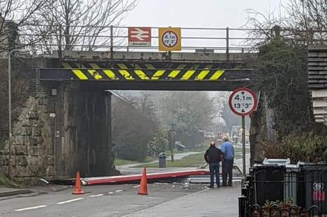 The roof of the double decker left in the road beneath Ancaster railway bridge this morning. Photo: Ancaster Parish Council.