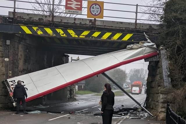 Wreckage - the ripped off roof of the double decker at Ancaster railway bridge. Photo: Laura Fisher