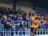 Keenan Ferguson celebrates scoring against Kettering Town last week. Cox wants more of the Pilgrims' fighting spirit. Photo: Oliver Atkin