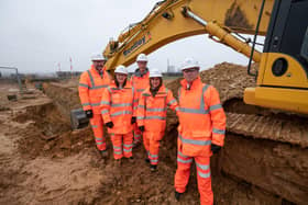 Environment Minister Rebecca Pow visits the Anglian Water Lincoln to Grantham pipeline project. From left - James Crompton, SPA director for Anglian Water;  Caroline Johnson MP for Sleaford and North Hykeham; Craig Fisher, Project Manager for SPA;  Environment Minister, Rebecca Pow; Peter Simpson, CEO of Anglian Water. Photo: ANGLIAN WATER/
Matthew Power Photography EMN-220303-153925001