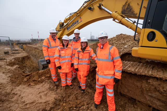 Environment Minister Rebecca Pow visits the Anglian Water Lincoln to Grantham pipeline project. From left - James Crompton, SPA director for Anglian Water;  Caroline Johnson MP for Sleaford and North Hykeham; Craig Fisher, Project Manager for SPA;  Environment Minister, Rebecca Pow; Peter Simpson, CEO of Anglian Water. Photo: ANGLIAN WATER/
Matthew Power Photography EMN-220303-153925001