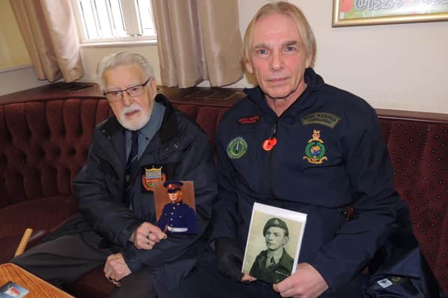 Former Royal Marines Les Budding, 96, of Aslackby, and Philip Collins, whose father was put ashore on Sword beach on D-Day by Les in a landing craft. They were both first-time visitors to the Camaraderie Club. EMN-220503-141545001
