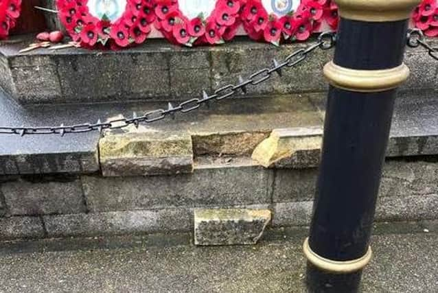 It is thought the steps of the war memorial plinth may have been damaged by the towbar of a reversing vehicle. Photo: Anthony Brand