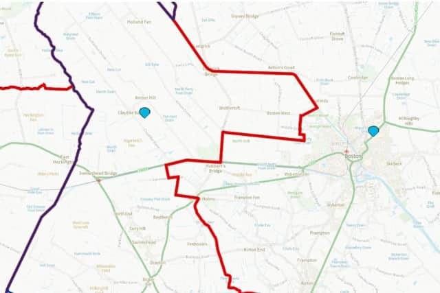 A zoomed-in image of the map, showing the proposed new boundary line in red, cutting out several villages that come under Boston Borough Council.