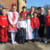 Pupils at Hogsthorpe Primary School celebrating Red Nose Day.