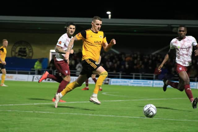 Joe Leesley on the ball as United beat York City in October. Photo: Oliver Atkin